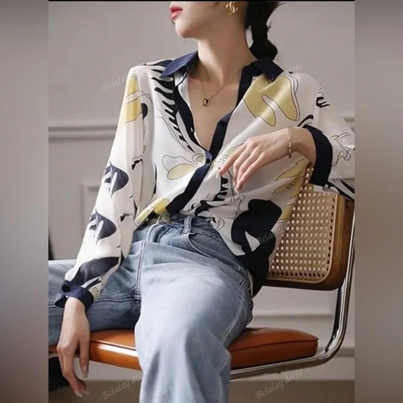 SHEIN Women's Abstract Print Button Down Shirt - Navy and Yellow - Picture 2 of 6